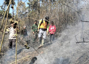 Babinsa Koramil 1004/Tanjungsari, bersama bhabinkamtibmas, pemadam kebakaran Kecamatan Tanjungsari dan warga saat memdamkan api di Gunung Kareumbi, Sumedang, Senin (21/8/2023).