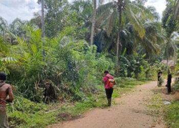 Warga Dusun Makmur, Desa Harapan Baru, Kecamatan Mandau, Kabupaten Bengkalis gotong royong membersihkan jalan desa dan memangkas rumput di pinggiran jalan. (foto: Istimewa)