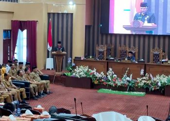 Plt Asisten Pemerintahan dan Kesra M. Putu Wisnu Wardhana menyampaikan sambutan dalam rapat paripurna PDRD Tanah Bumbu tentang pembentukan 17 desa definitive baru di tujuh kecamatan.  (Foto: Istimewa)