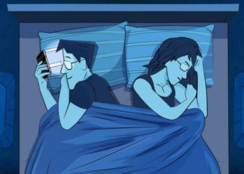 Man with smartphone ignoring his girlfriend in bed. (Used clipping mask)